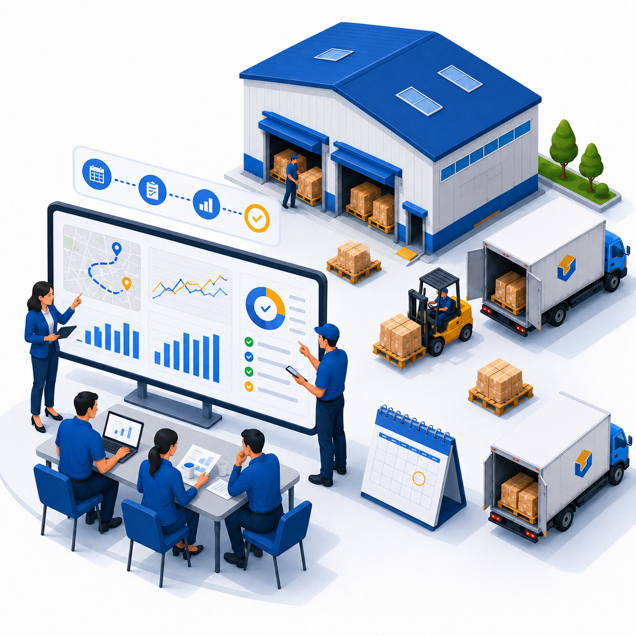 Ilustrasi evaluasi berkala proyek logistik melalui dashboard operasional
